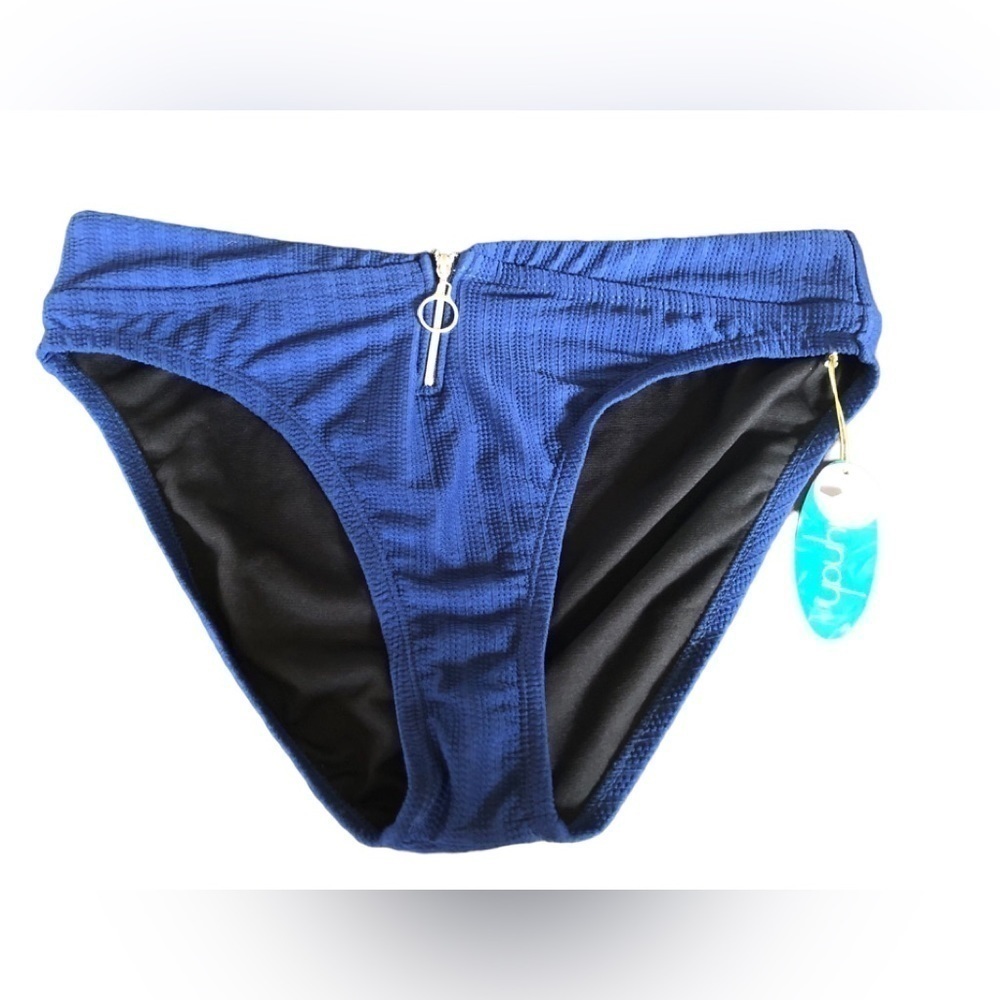 Mynah Catch A Wave Textured Navy Zipper High Waisted Bikini Bottom Sz. L NWT